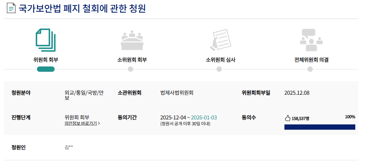 국가보안법 폐지 철회 청원