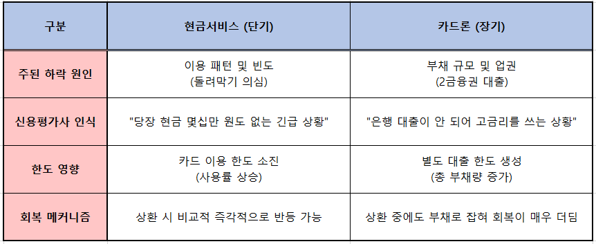 신용 점수 하락 메커니즘의 차이